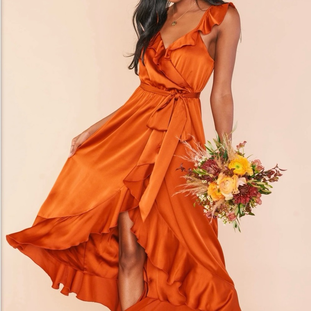 Show Me Your Mumu Samantha Ruffle Wrap Dress Burnt Orange Luxe Satin L